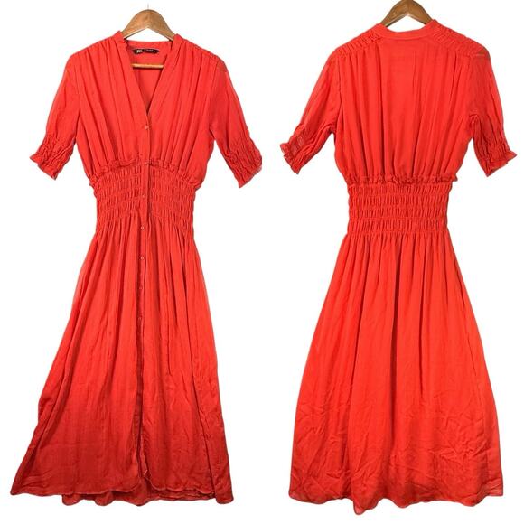 Zara Cherry Red Chiffon Blouson Midi Dress SIZE SMALL Button Front Deep V Retro - Picture 2 of 10